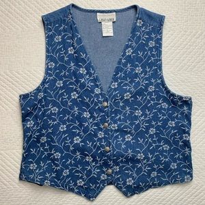 Vintage Blue Denim White Floral Embroidered Vest L